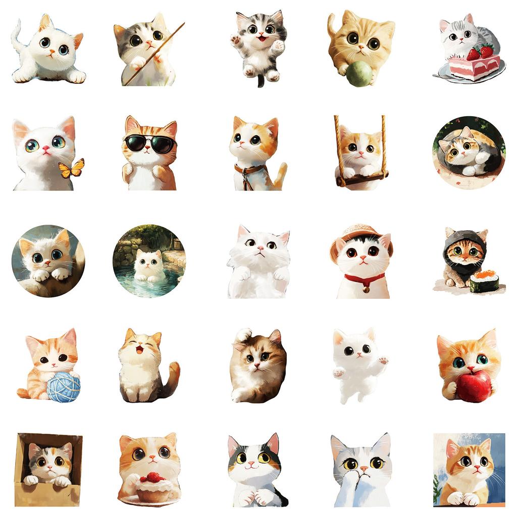 50 Oil Paintings Cat Graffiti Stickers Cute Round Face Kitten Waterproof Decorative Stickers DIY Refrigerator Skateboard Flat Board
