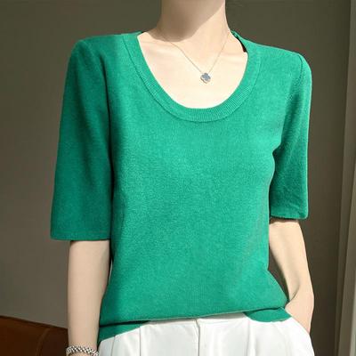 Camiseta feminina de malha moderna nova saga verão camisa de malha manga curta camisetas o-pescoço pulôver malha topos