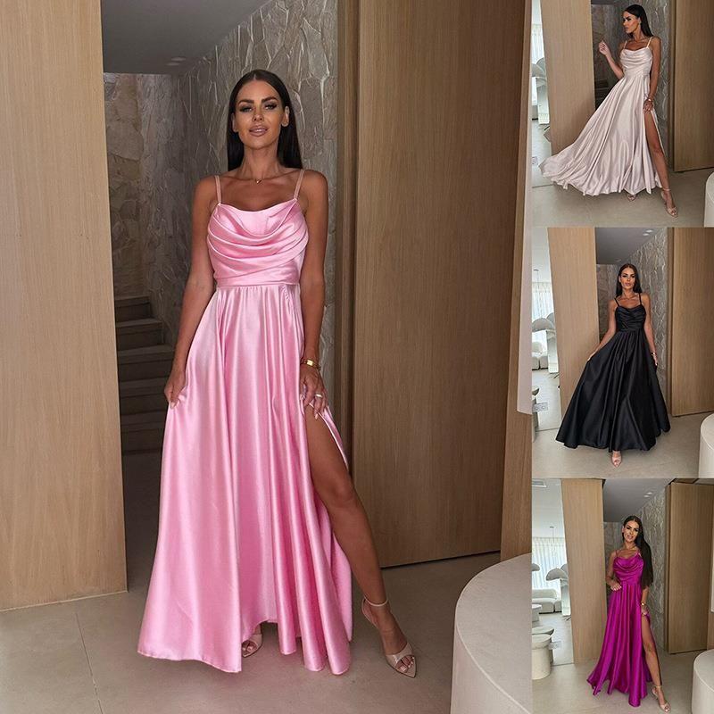 

Трансграничная внешняя торговля Европейская и американская женская одежда Amazon 2025 Лето Сексуальное открытое платье-слинг с разрезом и однотонной расцветкой Fuchsia S