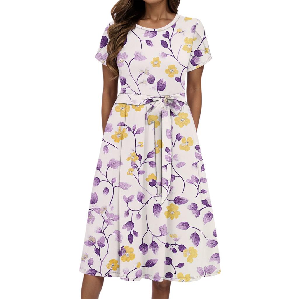 Women's Summer Fashion Round Neck Casual Plant Floral Print Short Sleeve Dress