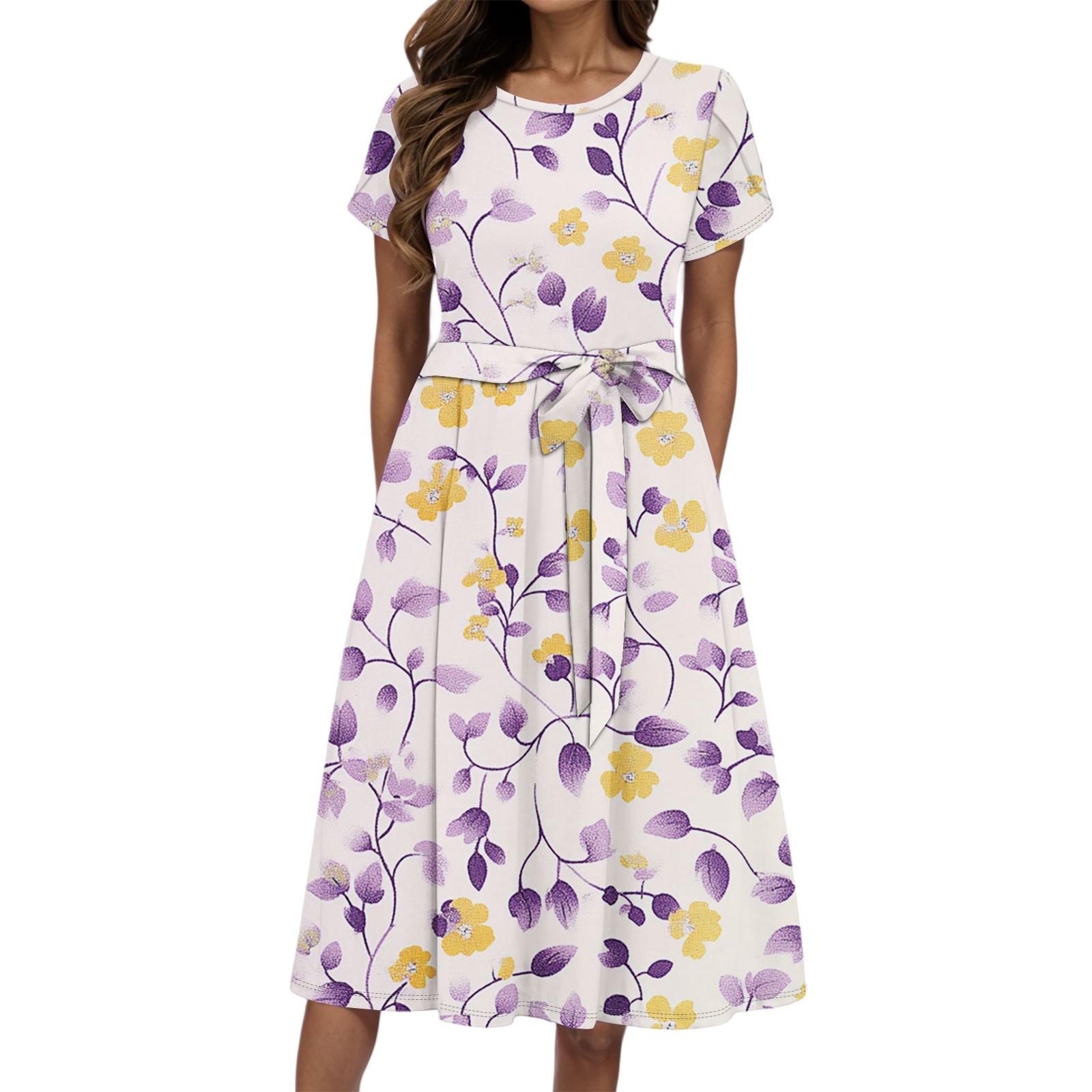 Women s Summer Fashion Round Neck Casual Plant Floral Print Short Sleeve Dress XXL