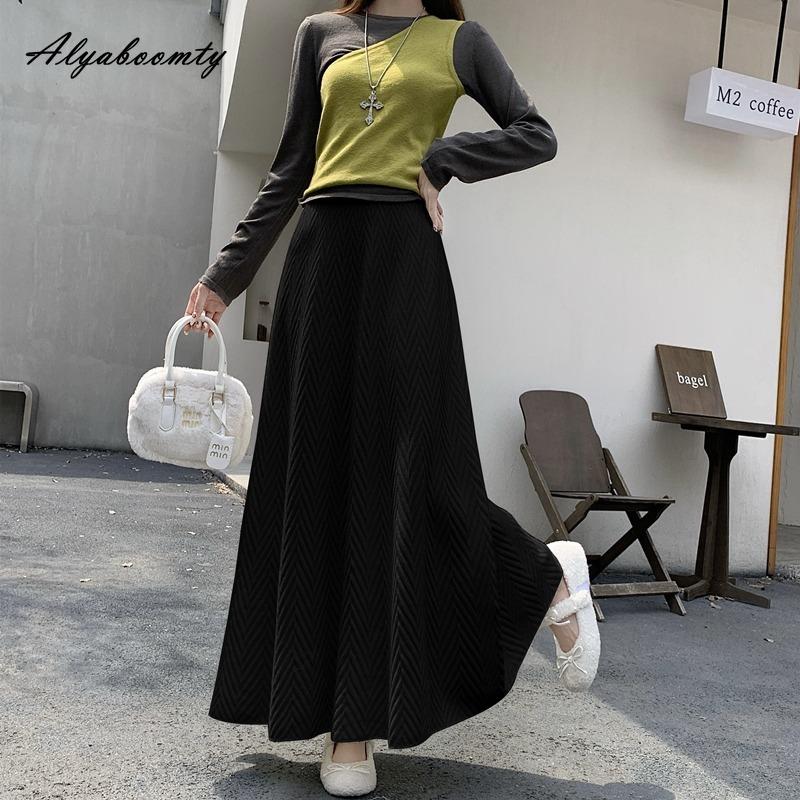New Arrival Autumn Winter Women Maxi Long Skirt High Waist Beige Black Thicken Warm Knitting Skirt Knitted Elegant Feminine Skirts Womens