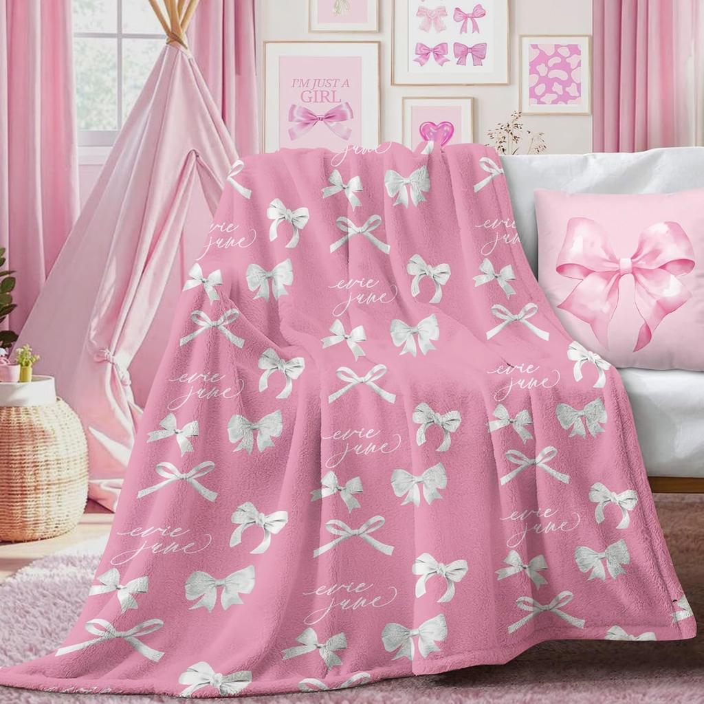 VIKAMA Frühlingsrosa Schleife Decke Decke für Teenager-Mädchen Decke für Teenager-Kinder Weiche Flanelldecke Leichte Überwurfdecke für Sofa