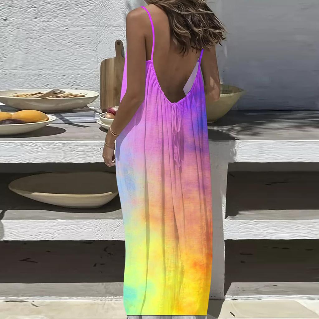 Dámské Módní Ležérní Volné Šaty s Květinovým Potiskem a Úzkými Ramínky Bez Zad