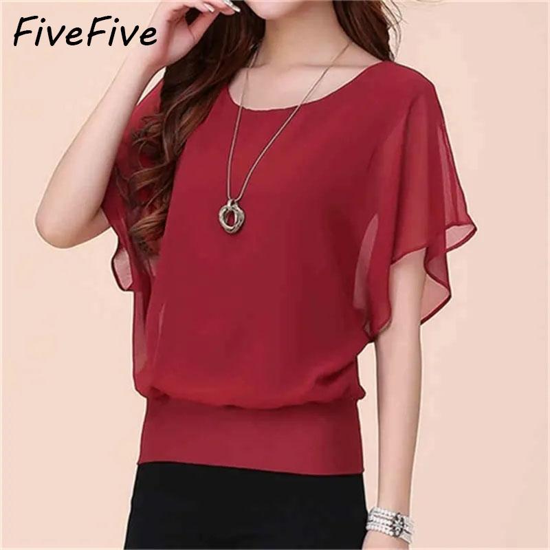 

FiveFive Шифоновая блузка Женский топ Сплошной цвет с круглым вырезом Свободный пуловер с рукавами «летучая мышь» Рубашки с рюшами Блузка Женская одежда Повседневный летний топ больших размеров
