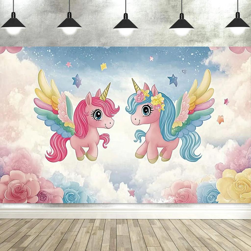 Unicorn Birthday Backdrop for Girls – Rainbow Glitter, Stars & Dots, Happy Birthday Banner & Photo Booth Props-Tapestry