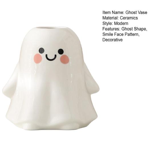 Ghost Shape Vase with Smile Face Pattern Ceramic Flower Planter Pot Nursery Room Bedroom Home White Decor
