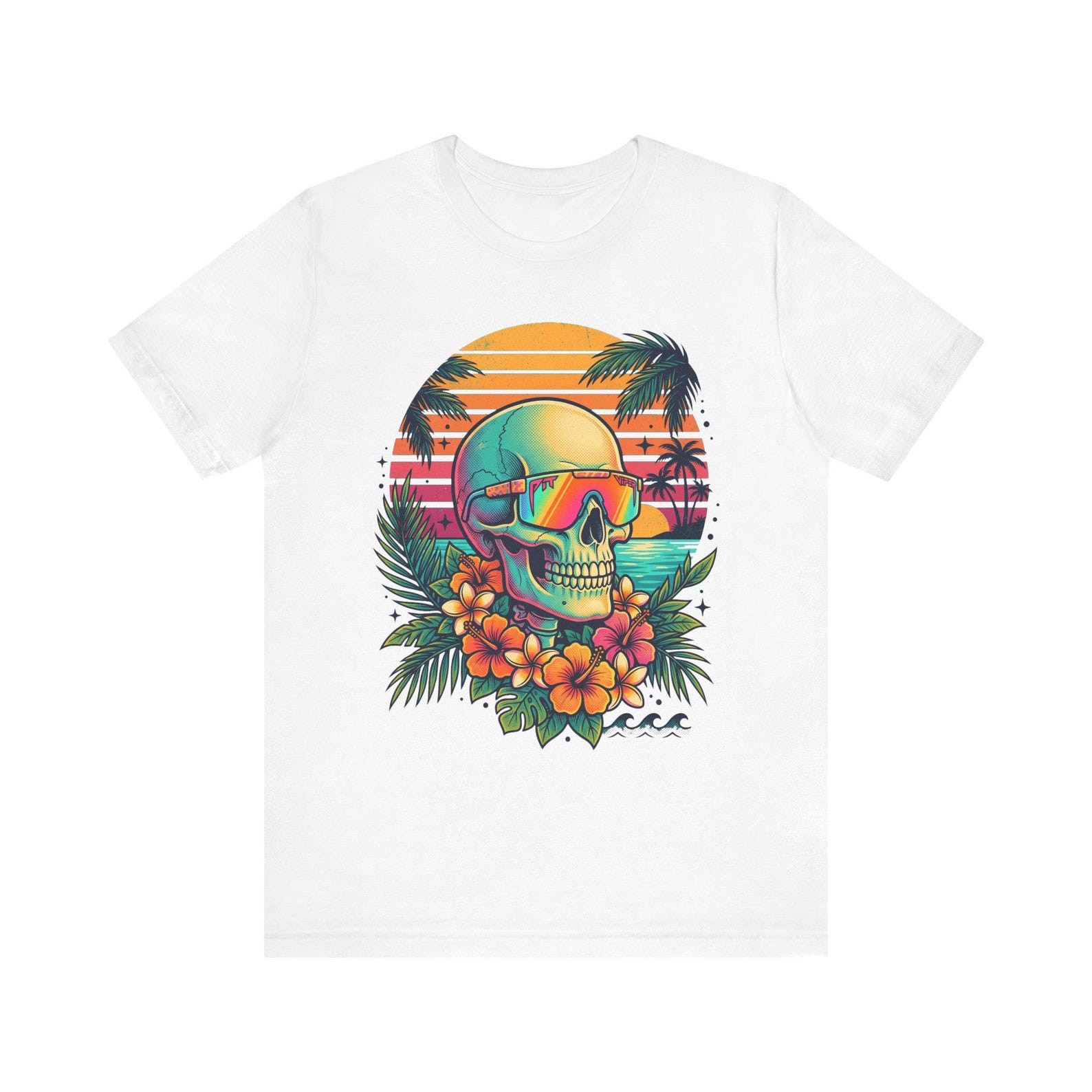 Tropical Skull with Sunglasses T-Shirt | Retro Sunset Palm Floral L