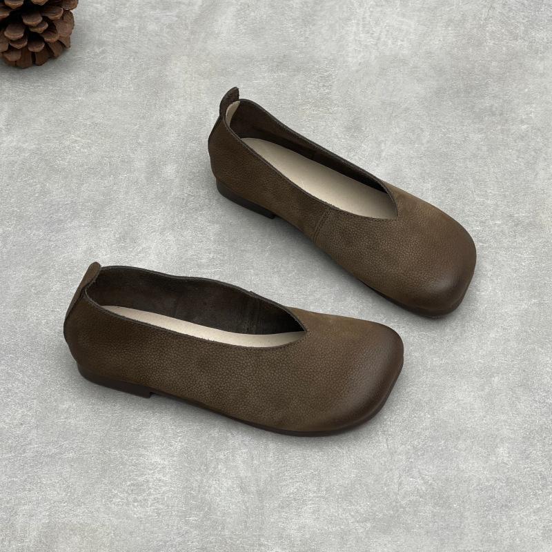 Johnature Echte Leder Flache Slip-on Schuhe Lässige Quadratische Zehenpartie Bequeme Weiche Sohle Damen Flats