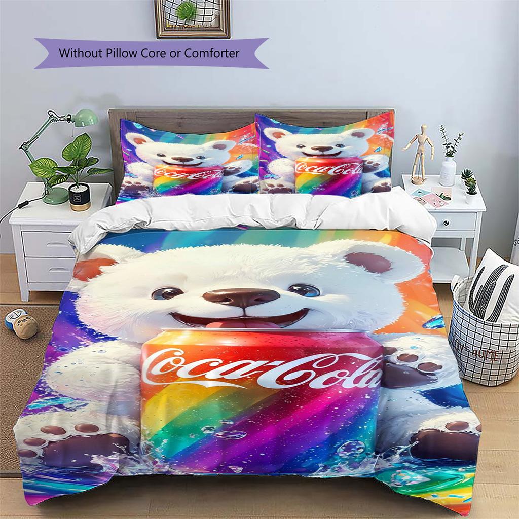 Coca-Cola Polar Bear Rainbow Print 3PCS Bedding Set, Duvet Cover with Pillowcases, No Comforter Included