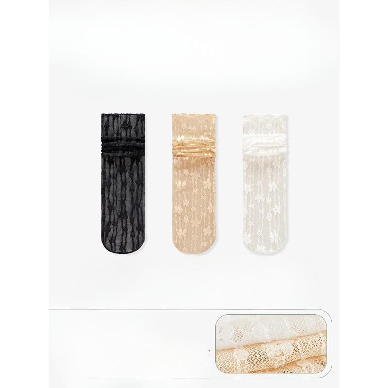 3 Pairs of Women's Summer Thin Lace Flowers In The Tube Pile Socks
