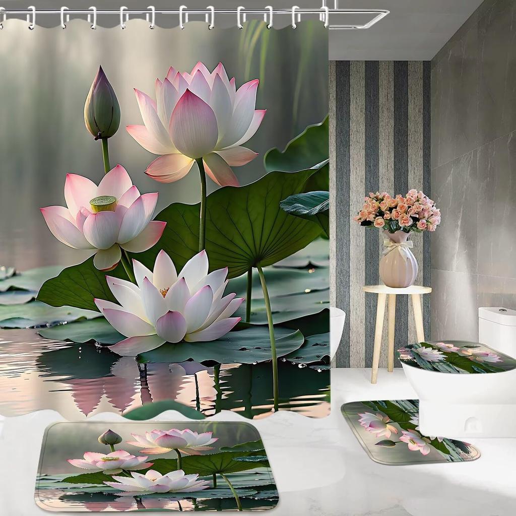 4Pcs Bathroom Shower Curtain Set Lotus  Bathroom Curtain With 12 Hooks Non Slip Rugs Toilet Cover Mat Bathroom Partition