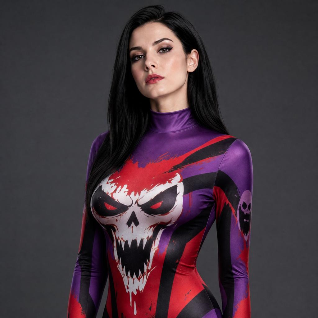 Scary Halloween Costume Bodysuit - Black Red High Stretch Milk Silk Printed Jumpsuit for Adults