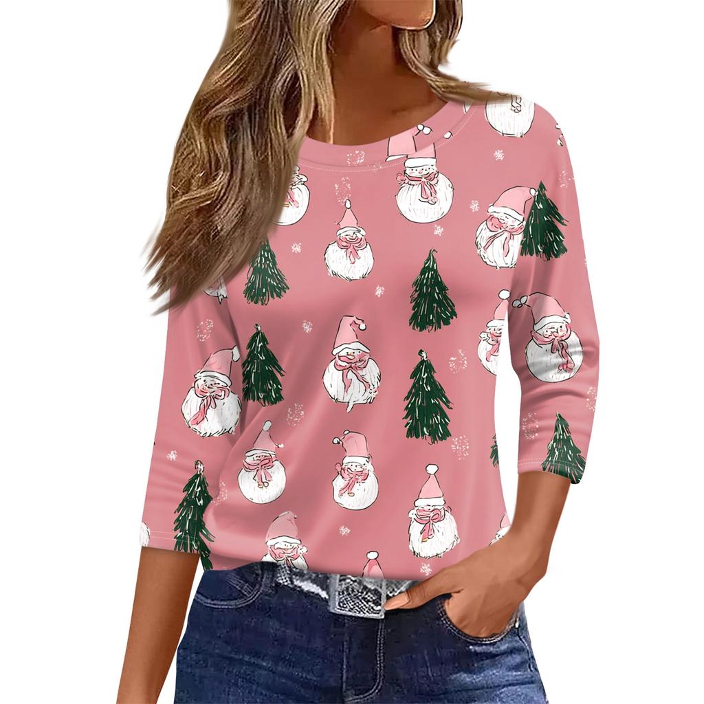Dame O-hals 3/4 erme Juleprint Topp