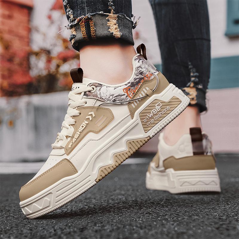Spring 2024 New Thick-Soled Heightening Leather Surface White Shoes Fashionable Color Matching Breathable And Comfortable Youth Sports Men'S Shoes