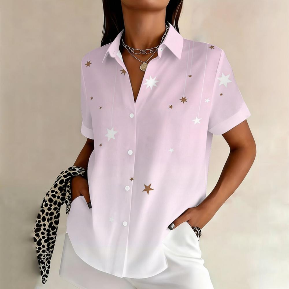 Simple and personalized star gradient printed women s summer collar short sleeved shirt, fashionable daily versatile top XL