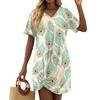 Women's Summer Casual Feather Printed Hem Knotted Short Sleeve Dresses