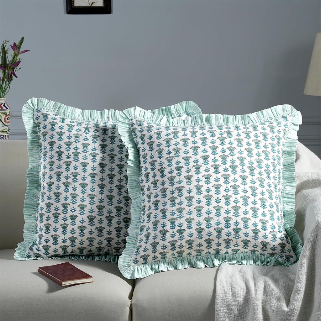 2 Piece Romantic Floral Print Pillow Covers With Ruffled Trim Soft Polyester Square Cushion Case for Living Room Bedroom