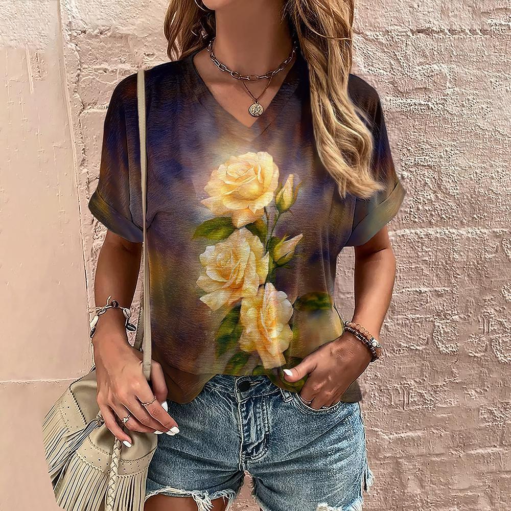 Summer Women's T-shirt Floral Print Casual Short-sleeved 3d T-shirt Fashion Streetwear V-neck Pullover