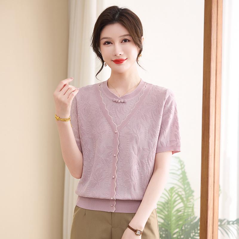 Mom's Summer Ice Silk Lace Knit V-Neck Cardigan - Women's Stylish Age-Reducing Short-Sleeve Top