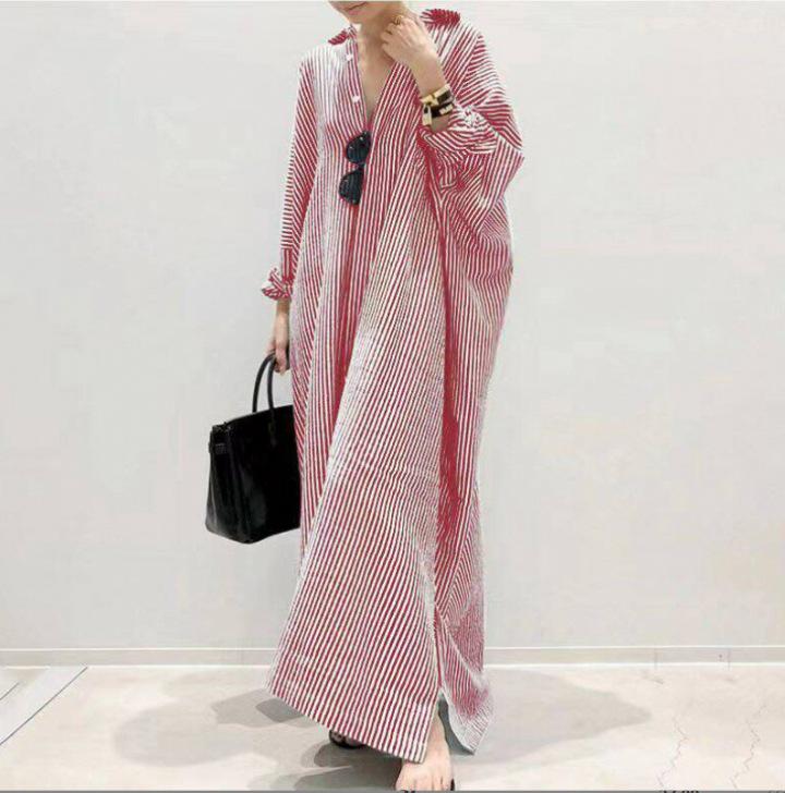 European & American Women's Plus Size Loose Striped Print Long Dress
