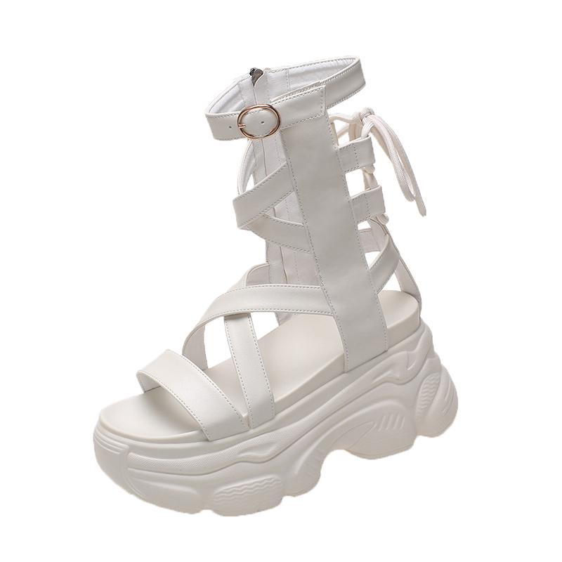 Fashion 8.5cm New Summer Black Women Leather Sandals Cool Ankle Boots Platform Shoes Wedges Women's Sandals Fashion Outdoor Sandalias