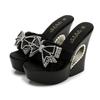 Fashion 2025 Womens Slippers Creepers Shoes Platform Bowknot Rhinestones Crystal Wedge Super 13CM High Heel New Summer Hollow Black