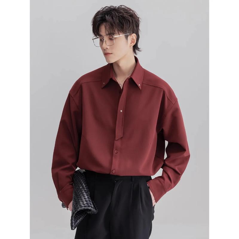 Herren Weinrot Oversized Langarmhemd Umlegekragen Knopfleiste Lässig Formell Bluse Glattes Stoff Oberteil