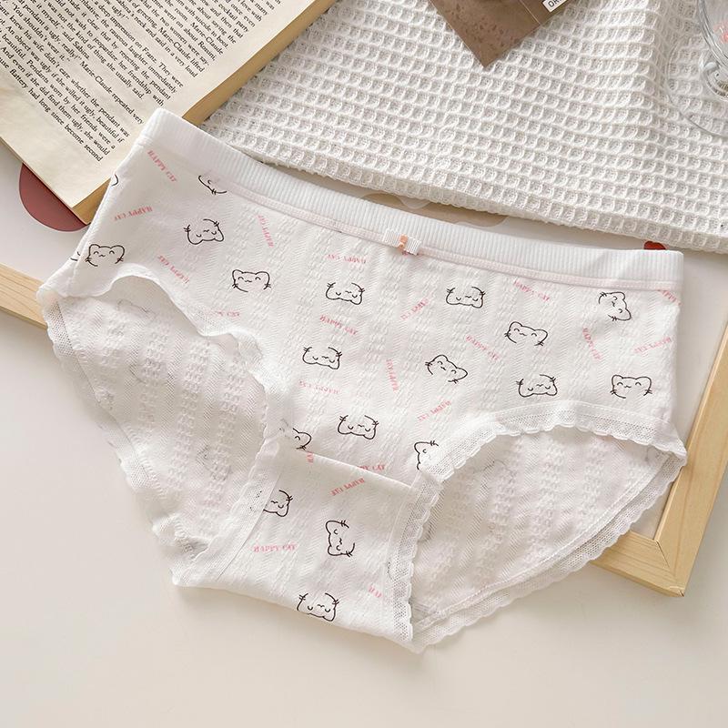 Women's 7A Antibacterial Cotton Underwear - Cute Print, Breathable, Japanese Style, Mid-Waist, Hip-Hugging Teen Girl Panties