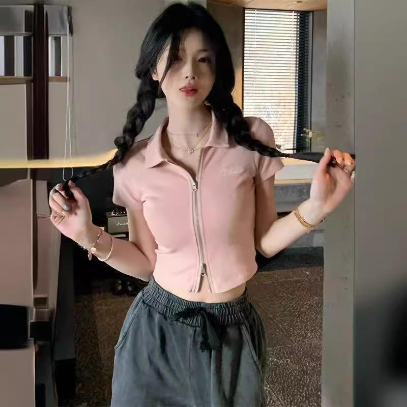 Women Zip Up Polo Cropped T-Shirt Short Sleeve Slim Y2K Crop Top Casual Streetwear Tee S-M-L-XL