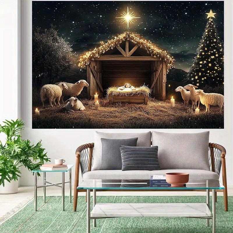 1pc Nativity Scene Background with Manger, Sheep and Christmas Star - Polyester Holiday Background Fabric for Christmas