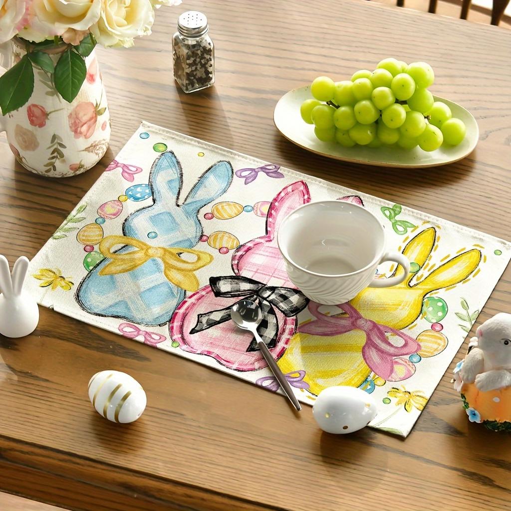 Bunny Rabbits Eggs Easter Placemats Floral Bow Seasonal Spring Holiday Table Mats for Party Kitchen Dining Decoration30X45cm