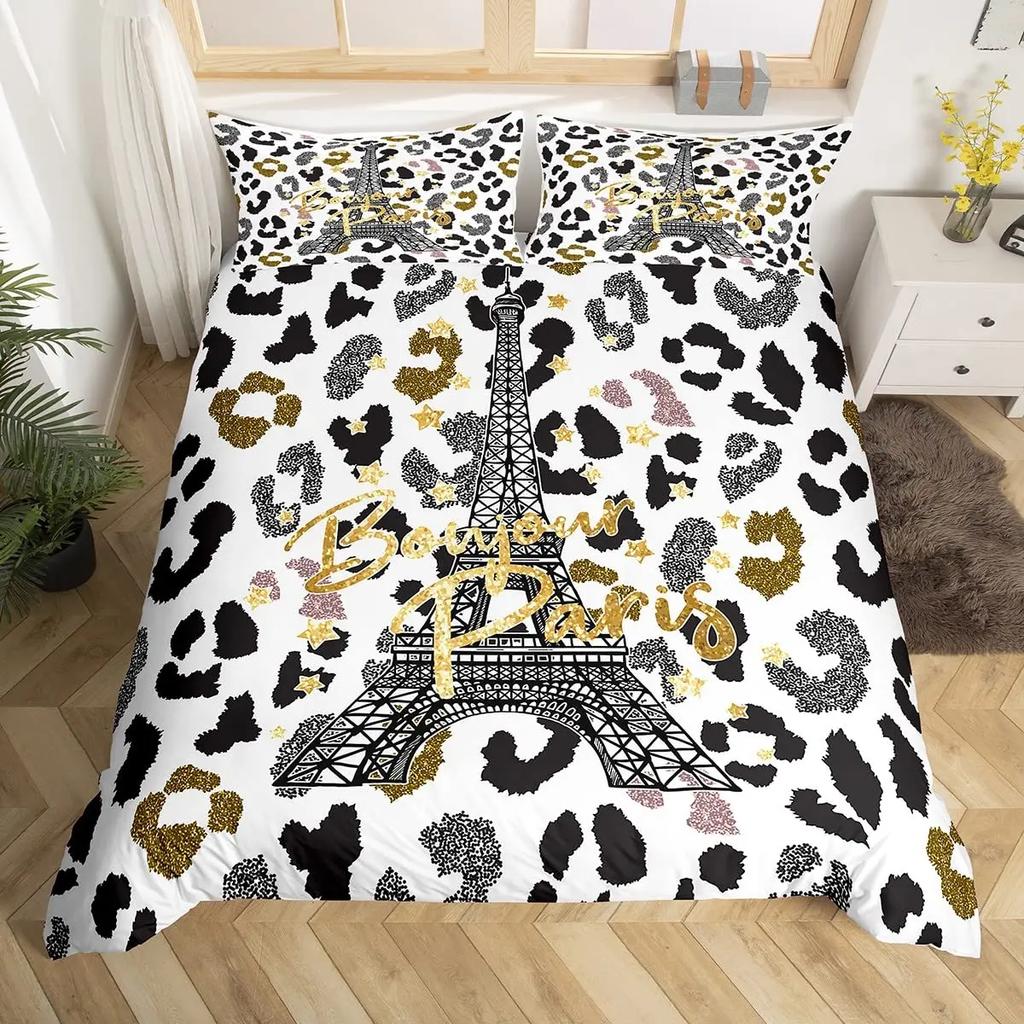 Paris Bettbezug-Set Queen Size Eiffelturm Bettwäsche-Set Mädchen Schwarz und Rosa Paris Deckenbezug Romantischer Französischer Bettdeckenbezug