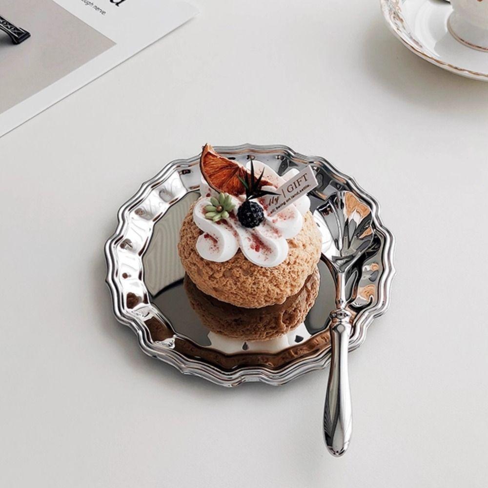 Retro Stainless Steel Cake Tray Round Luxury Jewelry Storage Plate Photo Props Silver Dessert Plate Home Decoration