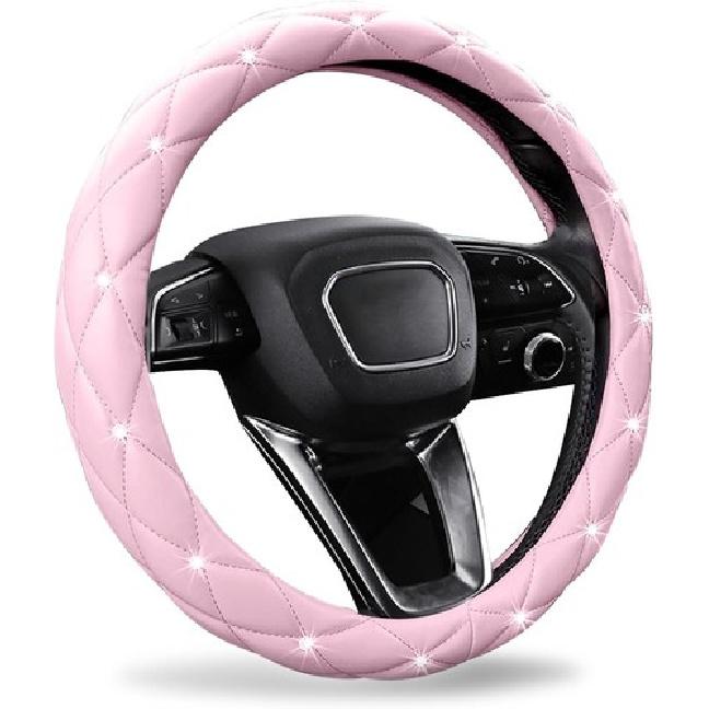 Pink Steering Wheel Cover 2025, Cute Diamond Bling Comfort Leather Car pink
