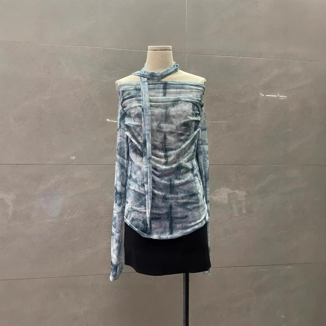 

Women s Spring Tie-Dye Ruched Off-Shoulder Slim Fit Mesh Top L (approx. 115 lbs)