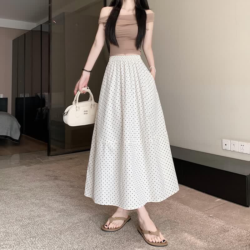 Polka Dot High-Waist A-Line Midi Skirt XL