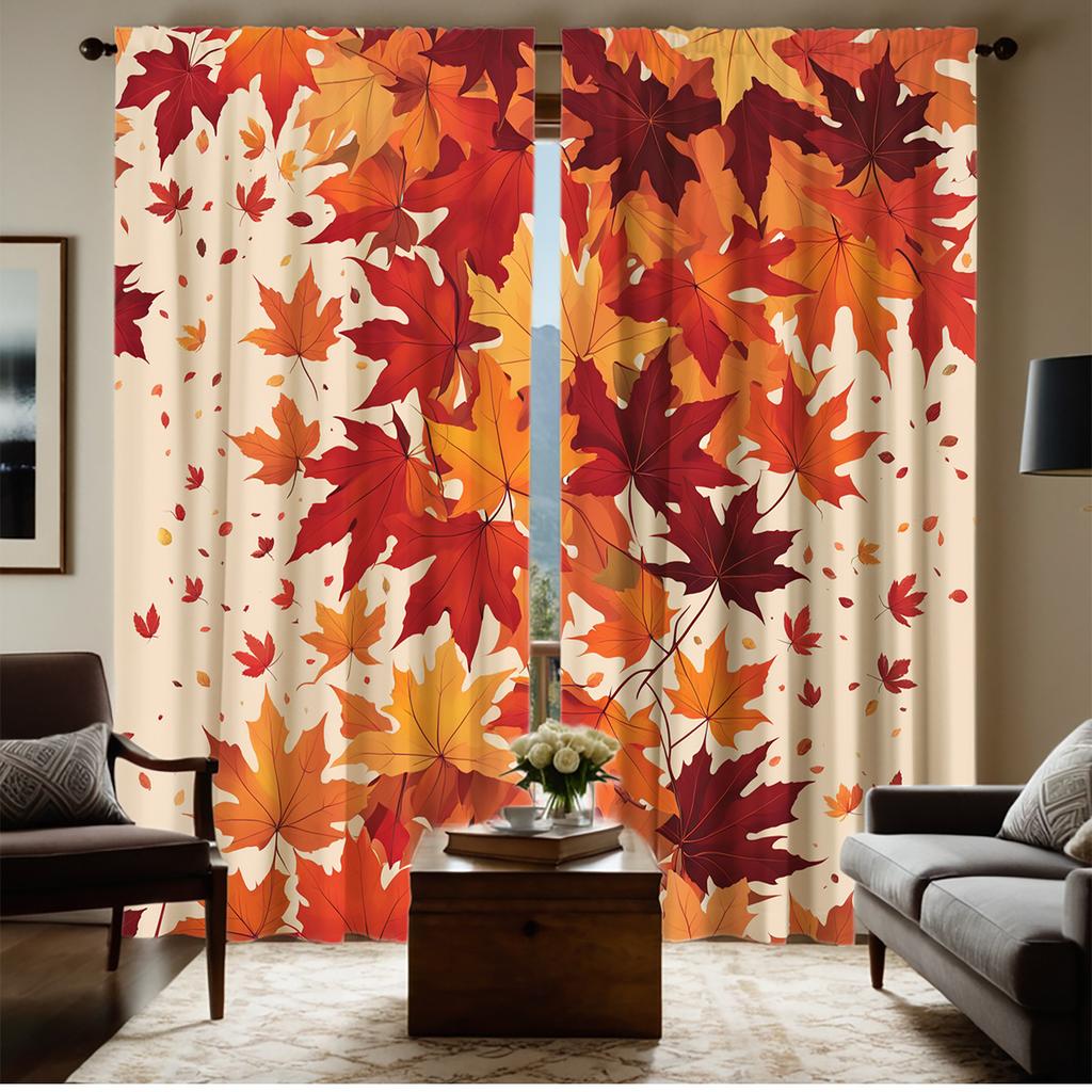 2pc Autumn maple leaf pattern curtains   polyester fabric   machine washable   suitable for bedroom and living room decoration