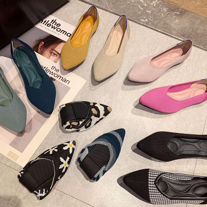 Handmade Women Vulcanized Flat Shoes Breathable Knitted Comfortable Elegant Work Shoes