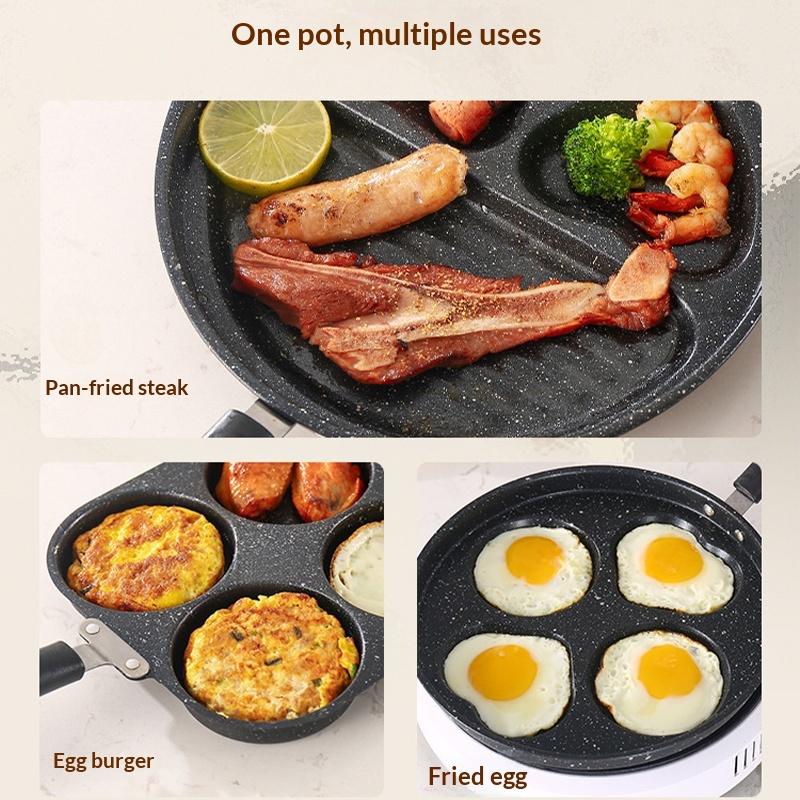 Non Stick 3 4 Hole Egg Frying Pan Wooden Handle Multi Section Skillet for Home Breakfast or Burger Making