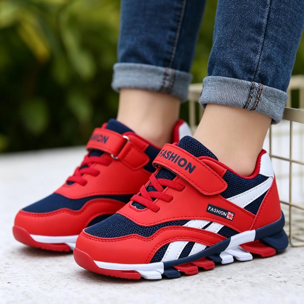 Fashion Thick Sole Mesh Hook and Loop Closure Durable Student Running Shoes Lightweight Breathable Athletic Sneakers for Kids Boys Girls