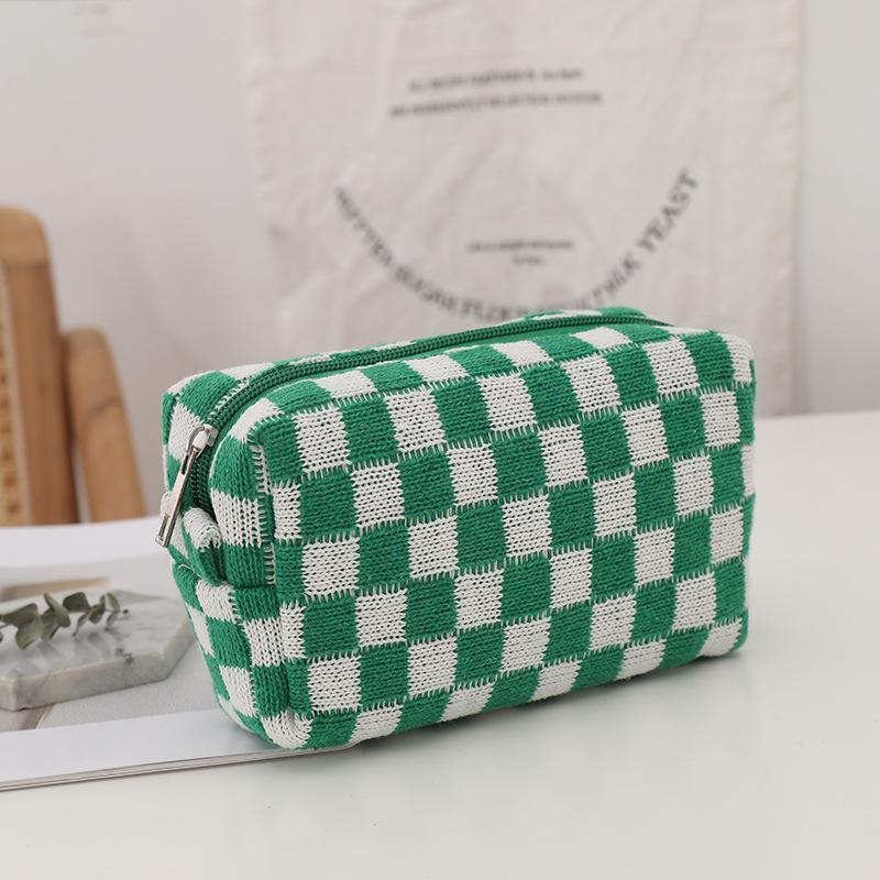 Korean Plaid Knit Makeup & Pencil Storage Bag - Large Capacity Organizer