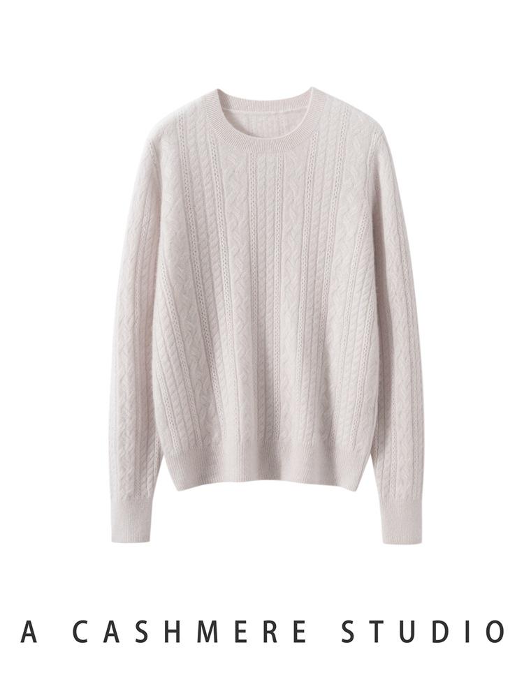 Women's Cable Knit Cashmere Sweater - Round Neck, Soft Pullover, Loose Fit, Perfect for Autumn & Winter.