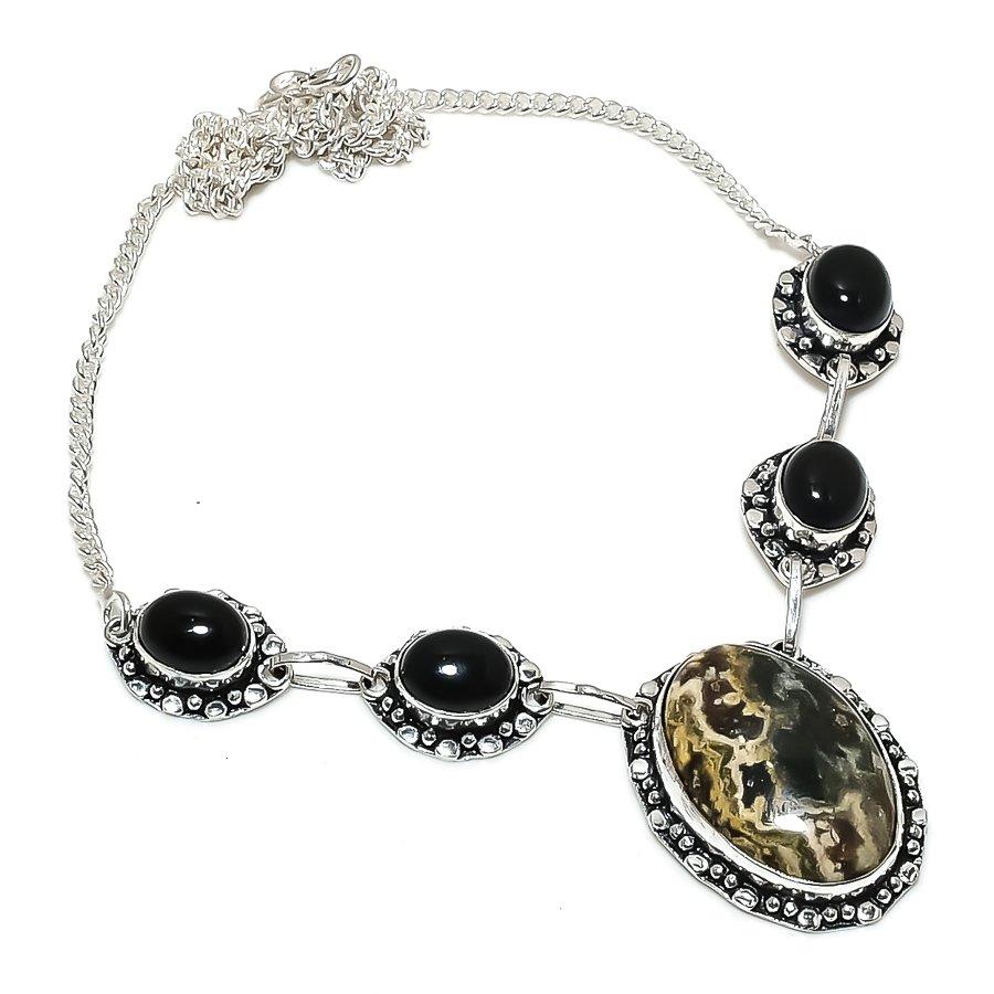 

Natural Ocean Jasper, Onyx 925 Sterling Silver Jewelry Necklace 18 M9E69