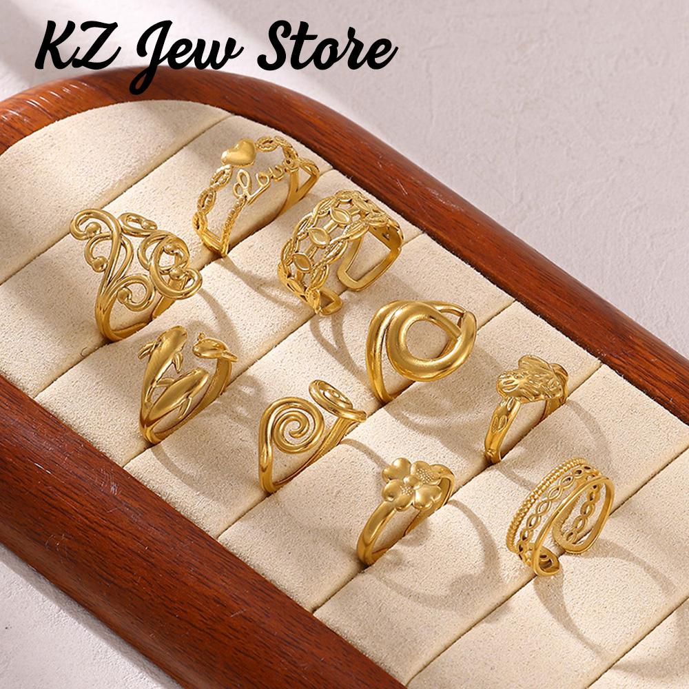 Irregular Geometric Adjustable Rings For Women Gold Color Stainless Steel Waterproof Dolphin Fish Anillos Heart Dainty Jewelry
