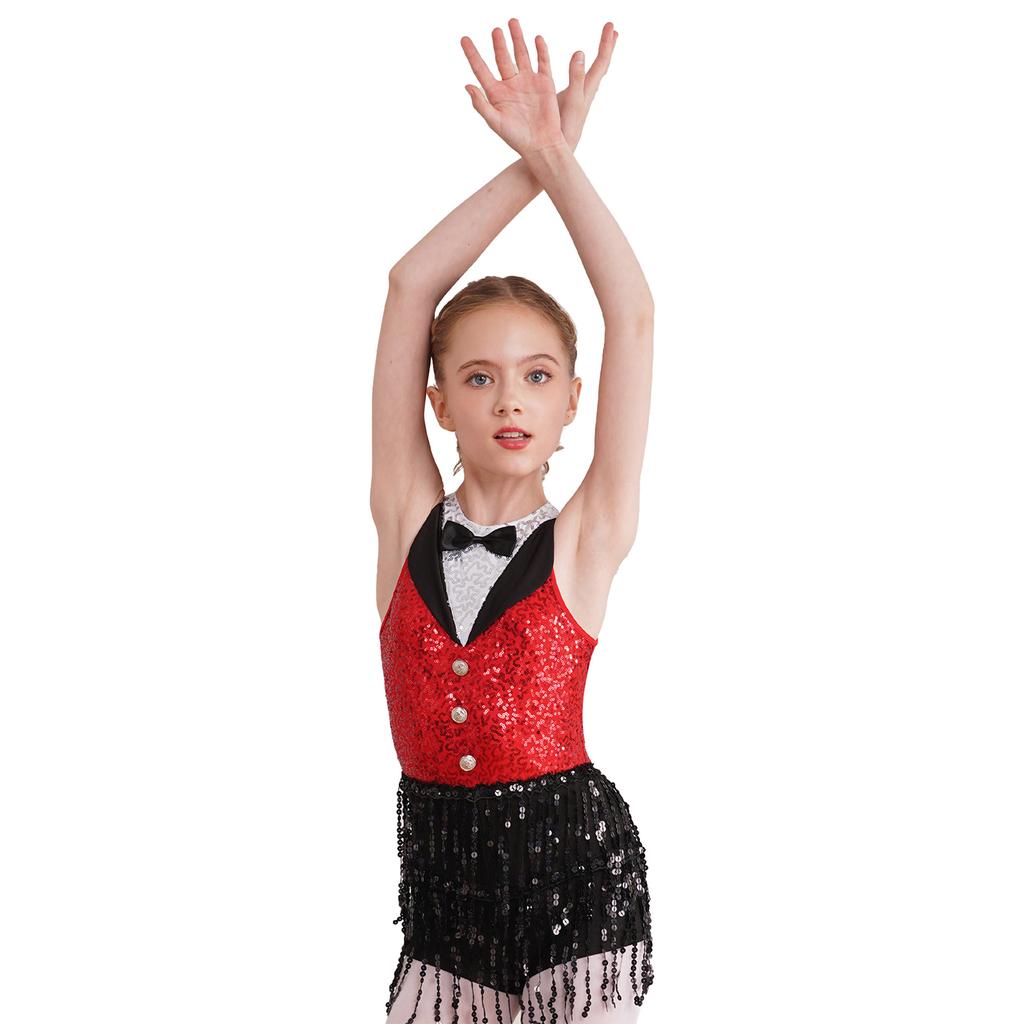Kinder Mädchen Latin Dance Glänzenden Pailletten Ärmelloses Rundhals Quaste Saum Trikots Skating
