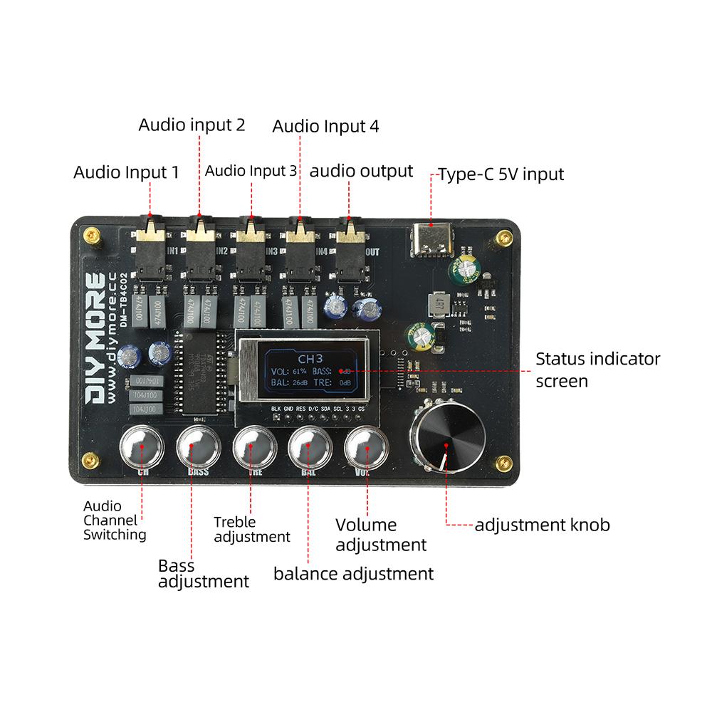 DC 1V AUX 1.1mm Audio Switcher Amplifier with Tone Controller Type-c Interface Electronic Kit