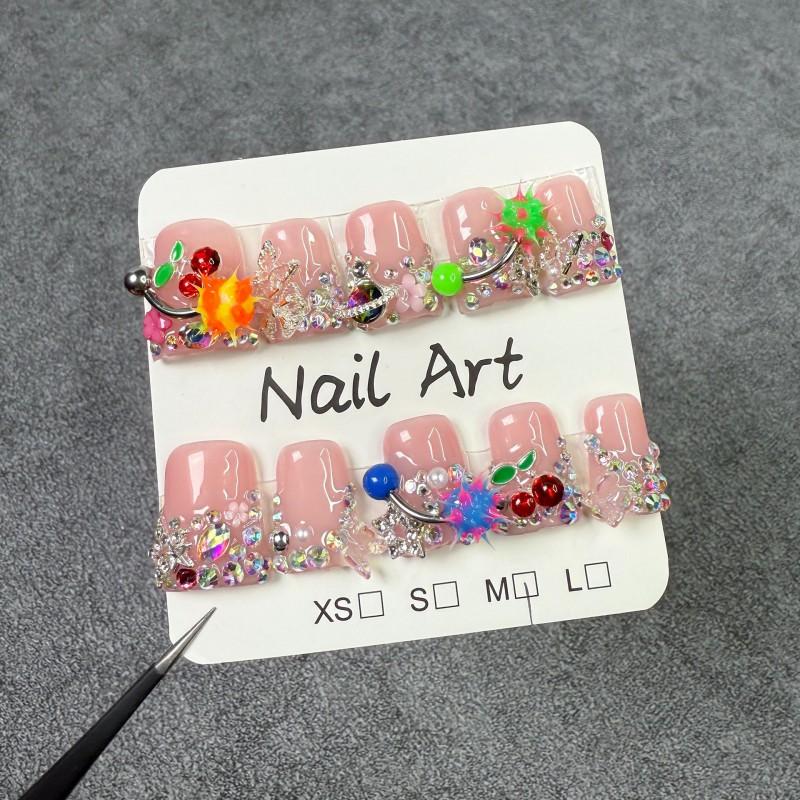 Short Duckbill Press-On Nails Ice-Transparent Sparkle Floral Bow Butterfly Star Design Sweet Edgy Girl Fake Small