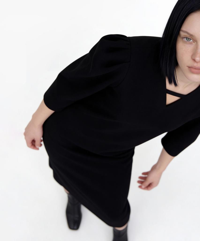 Myuleus Puff Shoulder Long Dress Imported Fabric [Black]