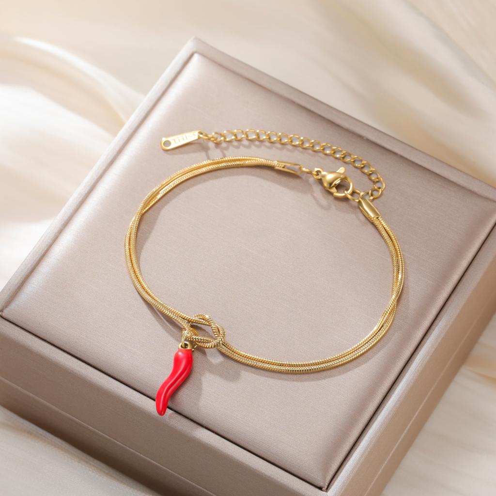 Teamer Italian Horn Charms Double Snake Chain Knot Adjustable Bracelet Stainless Steel Gold Color Valentine's Day Gift Jewelry